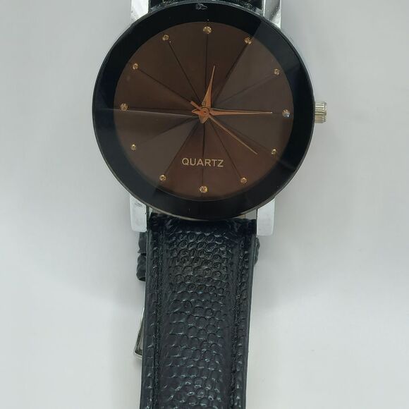 Quartz Stainless Steel Diamond Dial Leather Band Wrist Watch - Picture 1 of 7